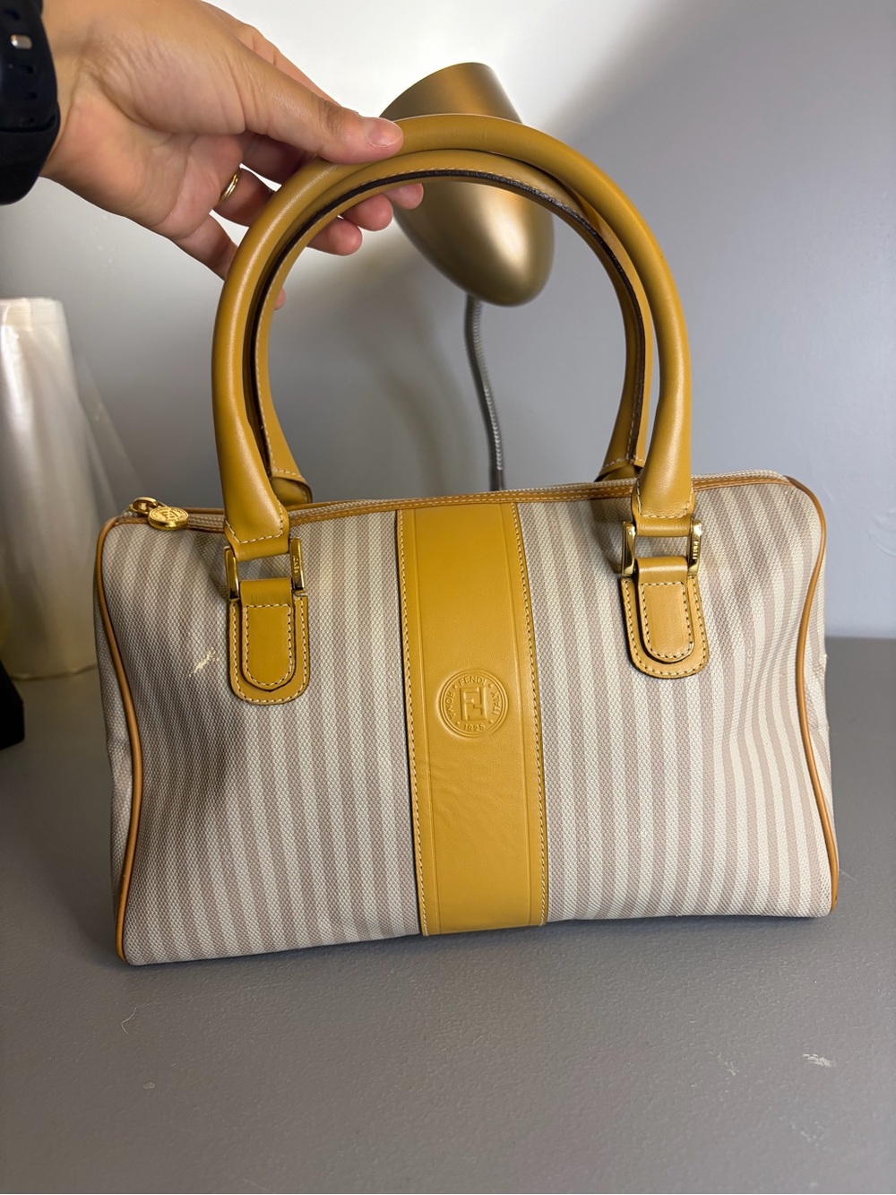Vintage Fendi Pequin Mustard and tan bag